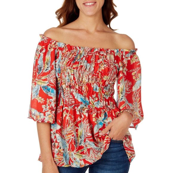 STATUS BY CHENAULT  Off The Shoulder Smocked Tropical Print Top - NWT - Small - Picture 1 of 3